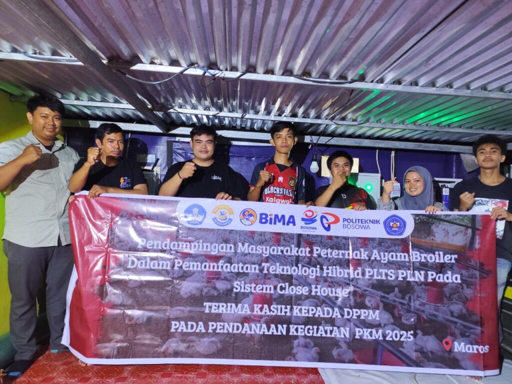 Tim dosen dan mahasiswa Politeknik Bosowa bersama Politeknik Negeri Pertanian Pangkajene Kepulauan berhasil mengembangkan sistem Hybrid Pembangkit Listrik Tenaga Surya (PLTS) dan PLN yang dipadukan dengan teknologi Internet of Things (IoT) untuk mendukung kandang ayam modern (close house).